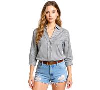 Women's Striped V Neck Shirt 3/4 Sleeve Casual Button Down Blouse Summer Lightweight Cotton Linen Top for Work Beach Vacation Office Daily Wear