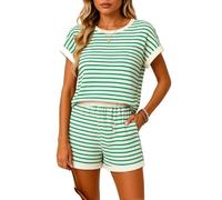 Women's Striped Waffle Knit 2 Piece Outfit Summer Casual Short Sleeve Crew Neck Top and Shorts Set with Pockets Loungewear Vacation Beach Wear