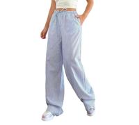 Womens Striped Wide Leg Pants Elastic Waist Drawstring Casual Trousers (Blue,TTG)