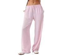 Womens Striped Wide Leg Pants Elastic Waist Drawstring Casual Trousers (Pink,TG)
