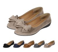 Women's Suede Ballet Casual Shoes Wedge Heels Bow Pumps Round Toe Comfortable Arch Support Slip-on Low Wedge Shoes, Orthopedic Ballet Flats for Women (Khaki,32)