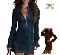 Womens Suede V-Neck Zip-Up Dress,Sexy Western Cowgirl Suede Dress with Lace Trim,Long Sleeve Solid Retro Mini Dresses (FR/ES, Alpha/Lettres, TG, Taille Normale, Taille Normale, Blue)
