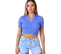 Women's Summer Cable Knit Crop Top Short Sleeve V Neck Collared Sweater Shirt Slim Fit Casual Y2K Fashion Pullover for Spring Fall Daily Wear