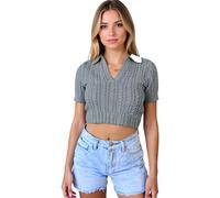 Women's Summer Cable Knit Crop Top Short Sleeve V Neck Collared Sweater Shirt Slim Fit Casual Y2K Fashion Pullover for Spring Fall Daily Wear