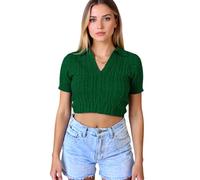 Women's Summer Cable Knit Crop Top Short Sleeve V Neck Collared Sweater Shirt Slim Fit Casual Y2K Fashion Pullover for Spring Fall Daily Wear