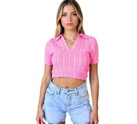 Women's Summer Cable Knit Crop Top Short Sleeve V Neck Collared Sweater Shirt Slim Fit Casual Y2K Fashion Pullover for Spring Fall Daily Wear