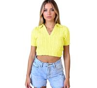 Women's Summer Cable Knit Crop Top Short Sleeve V Neck Collared Sweater Shirt Slim Fit Casual Y2K Fashion Pullover for Spring Fall Daily Wear