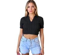 Women's Summer Cable Knit Crop Top Short Sleeve V Neck Collared Sweater Shirt Slim Fit Casual Y2K Fashion Pullover for Spring Fall Daily Wear