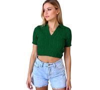 Women's Summer Cable Knit Short Sleeve V Neck Collared Crop Top Slim Fit Casual Sweater Shirt for Ladies Girls Spring Fashion Outfit