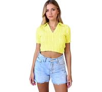 Women's Summer Cable Knit Short Sleeve V Neck Collared Crop Top Slim Fit Casual Sweater Shirt for Ladies Girls Spring Fashion Outfit