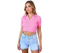 Women's Summer Cable Knit Short Sleeve V Neck Collared Crop Top Slim Fit Casual Sweater Shirt for Ladies Girls Spring Fashion Outfit