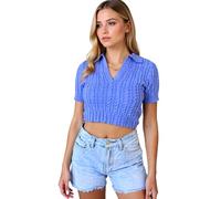 Women's Summer Cable Knit Short Sleeve V Neck Collared Crop Top Slim Fit Casual Sweater Shirt for Ladies Girls Spring Fashion Outfit