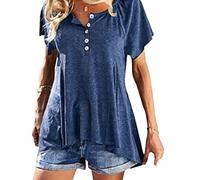Women's Summer Casual Henley Neck T-Shirt Short Sleeve Loose Fit Blouse Top with Buttons High Low Hem Lightweight Flowy Tee for Vacation Beach Daily Wear