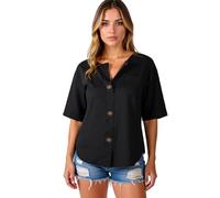 Women's Summer Casual Linen Blend V Neck Button Down Short Sleeve Shirt Loose Fit Tunic Top with Pocket for Beach Vacation Daily Wear Navy Blue