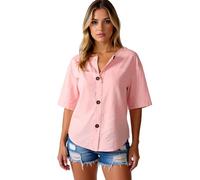Women's Summer Casual Linen Blend V Neck Button Down Short Sleeve Shirt Loose Fit Tunic Top with Pocket for Beach Vacation Daily Wear Navy Blue