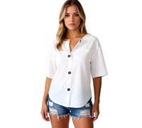 Women's Summer Casual Linen Blend V Neck Button Down Short Sleeve Shirt Loose Fit Tunic Top with Pocket for Beach Vacation Daily Wear Navy Blue