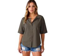 Women's Summer Casual Linen Blend V Neck Button Down Short Sleeve Shirt Loose Fit Tunic Top with Pocket for Beach Vacation Daily Wear Navy Blue