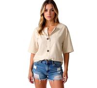 Women's Summer Casual Linen Blend V Neck Button Down Short Sleeve Shirt Loose Fit Tunic Top with Pocket for Beach Vacation Daily Wear Navy Blue