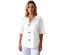 Women's Summer Casual Linen Button Down Shirt Short Sleeve V Neck Loose Fit Blouse with Pocket Lightweight Breathable Cotton Top for Daily Work Beach Vacation