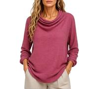Women's Summer Casual Loose Fit Cotton Linen Long Sleeve Solid Color Cowl Neck Pullover Top with Wrinkle Texture for Daily Wear Vacation