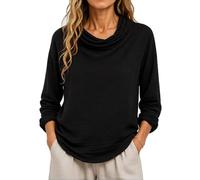 Women's Summer Casual Loose Fit Cotton Linen Long Sleeve Solid Color Cowl Neck Pullover Top with Wrinkle Texture for Daily Wear Vacation