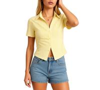 Women's Summer Casual Pink White Vertical Striped Short Sleeve Button Down Shirt V Neck Fitted Crop Top Blouse for Girls Ladies Office Work