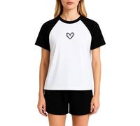 Women's Summer Casual Raglan T-Shirt with Heart Print, Black and White Baseball Tee, Soft Cotton Short Sleeve Top for Couples, Relaxed Fit Graphic Tee for Daily Wear