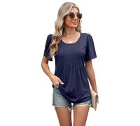 Women's Summer Casual Round Neck Pleated Short Sleeve Tunic Top Loose Fit Flowy Blouse Shirt for Daily Wear Vacation Beach Outfit Navy Blue