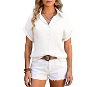 Women's Summer Casual Short Sleeve Button Down Shirt Loose Fit Crinkle Textured Blouse Beach Vacation Top with Rolled Cuffs Lightweight Airy