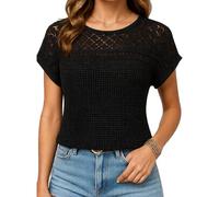 Women's Summer Casual Short Sleeve Waffle Knit Crochet Lace Top Boho Hollow Out T-Shirt Loose Fit Crew Neck Blouse for Vacation Beach