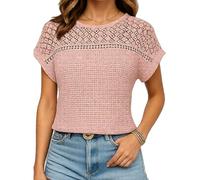 Women's Summer Casual Short Sleeve Waffle Knit Crochet Lace Top Boho Hollow Out T-Shirt Loose Fit Crew Neck Blouse for Vacation Beach