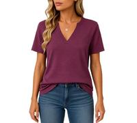 Women's Summer Casual Solid Color Split V Neck Short Sleeve T Shirt Top Loose Fit Basic Tee Blouse for Daily Wear Vacation Work Home Life