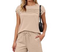 Women's Summer Casual Two Piece Set Short Sleeve Pleated Top and Drawstring Shorts Lounge Wear Solid Color Outfit for Vacation Beach Daily Life
