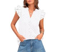 Women's Summer Casual V Neck Eyelet Lace Top Ruffle Short Sleeve Blouse Hollow Out Embroidered Shirt for Daily Work Beach Vacation Olive