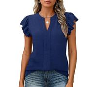 Women's Summer Casual V Neck Ruffle Sleeve Textured Blouse Navy Blue Short Sleeve Pleated Front Shirt Top for Daily Work Beach Vacation