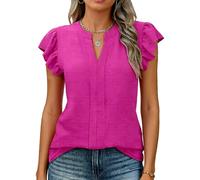 Women's Summer Casual V Neck Ruffle Sleeve Textured Blouse Navy Blue Short Sleeve Pleated Front Shirt Top for Daily Work Beach Vacation