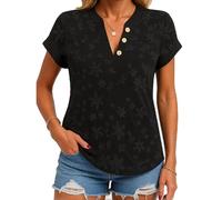 Women's Summer Casual V Neck Short Sleeve Shirt Floral Embroidery Blouse Button Down Top Lightweight Boho Vacation Tee Loose Fit Cotton Blend