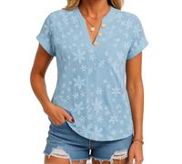 Women's Summer Casual V Neck Short Sleeve Shirt Floral Embroidery Blouse Button Down Top Lightweight Boho Vacation Tee Loose Fit Cotton Blend