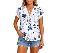 Women's Summer Casual V Neck Short Sleeve Shirt Floral Embroidery Blouse Button Down Top Lightweight Boho Vacation Tee Loose Fit Cotton Blend