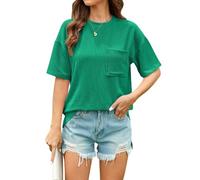 Women's Summer Casual Waffle Knit Short Sleeve Top Crew Neck Ribbed Texture Loose Fit T Shirt with Chest Pocket for Daily Wear Vacation Beach