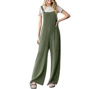 Women's Summer Casual Wide Leg Overalls Jumpsuit with Pockets Adjustable Straps Square Neck Loose Fit Romper Olive Green Fashion