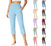 Women's Summer Cotton and Linen 3/4 Length Trousers High Waist Elastic Loose Lightweight Breathable Capri Yoga Pants Chic and Elegant Wide Leg Comfortable Palazzo Pant for Beach Pilattes