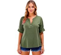 Women's Summer Cotton Linen V Neck Tunic Tops Short Sleeve Button Down Casual Loose Fit Blouse Elegant Plus Size Beach Shirt for Ladies