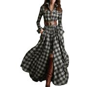 Womens Summer Dresses Causal Long Sleeve Tunic Flowy Maxi Dresses Fashion V-Neck Button Gypsy Tango Dance Dress Elegant Boho Swing Dress with Pockets Ladies Flowy Maxi Holiday Sundress