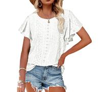 Women's Summer Eyelet Blouse Loose Fit Round Neck Ruffle Short Sleeve Casual Cotton Top Sage Green Vacation Shirt Boho Chic Beachwear