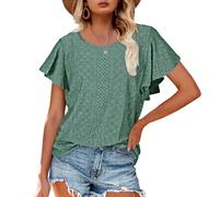 Women's Summer Eyelet Blouse Loose Fit Round Neck Ruffle Short Sleeve Casual Cotton Top Sage Green Vacation Shirt Boho Chic Beachwear