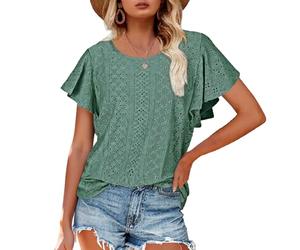 Women's Summer Eyelet Blouse Loose Fit Round Neck Ruffle Short Sleeve Casual Cotton Top Sage Green Vacation Shirt Boho Chic Beachwear