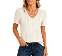 Women's Summer Eyelet Lace V Neck Short Sleeve Blouse Casual Solid Color Puff Sleeve Tops Lightweight Breathable Tunic Shirts for Work Party