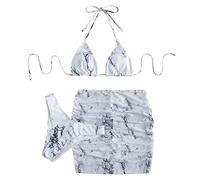 Womens Summer Fashion Printing Screen Trois pièces Jupe Courte Maillot de Bain Bikini Suit Bikini Transparent Dessous Sexy Coquine Hot