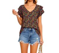 Women's Summer Floral Print V Neck Ruffle Sleeve Loose Fit Casual Tunic Top Lightweight Flowy Blouse for Vacation Beach Party